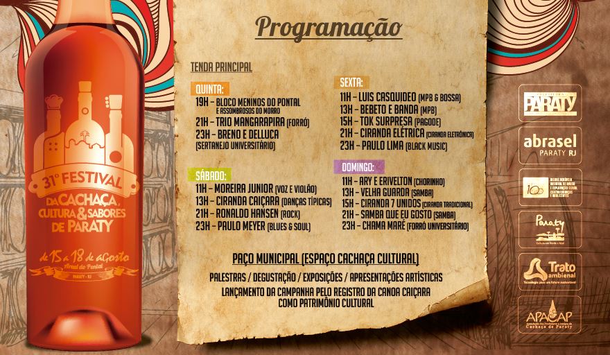 Programação de shows do Festival da Cachaça de Paraty 2013. Cartaz do evento.